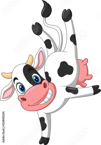 Fototapeta Illustration of a cartoon happy cow dancing upside down