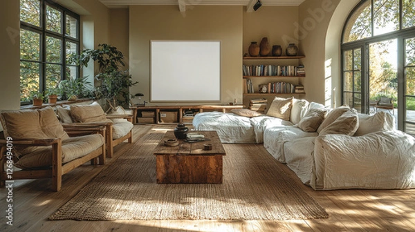 Fototapeta Spacious Living Room: A large, bright, and airy living room filled with natural light features a minimalist aesthetic, showcasing warm tones and a welcoming atmosphere.