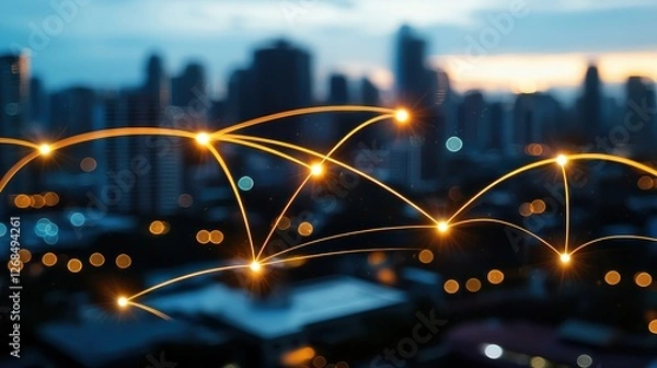 Obraz Abstract Network Connections Over Urban Cityscape at Dusk