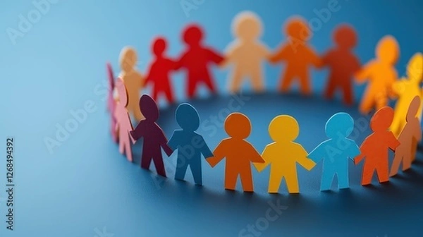 Fototapeta Colorful Paper Figures Holding Hands in Unity on Blue Background