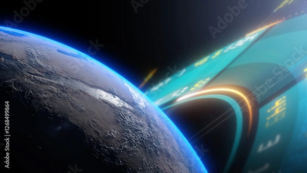 Obraz Stunning View of Earth from Space with Futuristic Digital Code and Technology Data Visualizations