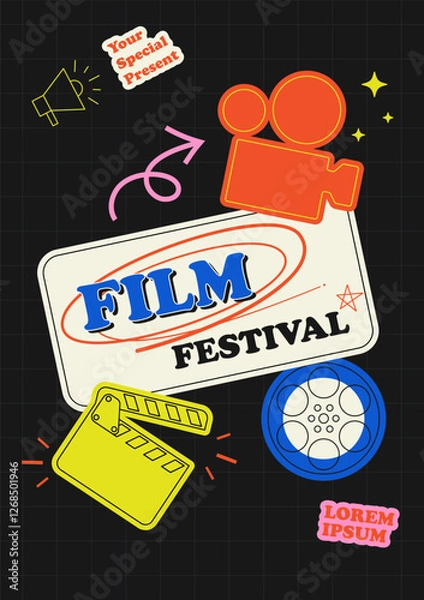 Obraz Movie festival poster template design minimal modern style with outline icon film reel and camera isolated on black background