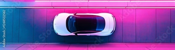 Fototapeta White car overhead neon garage advert