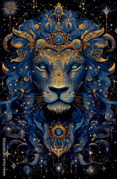 Fototapeta A blue lion with gold accents and a crown on its head. The lion is surrounded by stars and has a blue eye. The image has a dreamy, mystical feel to it