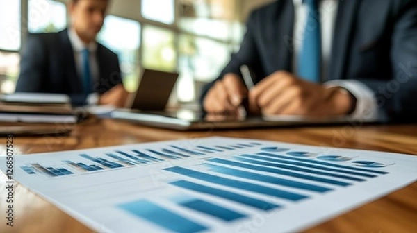 Fototapeta Professional Man in Elegant Suit Sitting at a Table Covered with Papers and a Laptop Engaged in Serious Work Reflecting Dedication and Focus in a Contemporary Office Environment