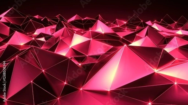 Fototapeta Abstract 3D render of a vibrant pink triangular landscape, glowing points, dark background