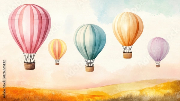 Fototapeta Colorful hot air balloons floating over countryside landscape with soft pastel sky, creating dreamy and whimsical atmosphere. scene evokes sense of adventure and tranquility