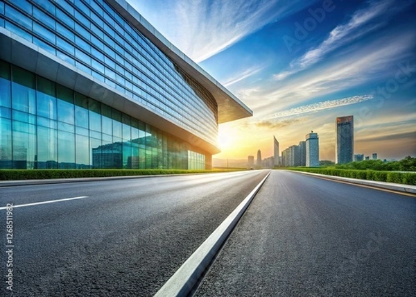 Fototapeta Empty Modern Highway Leading to Futuristic Building - Stock Photo