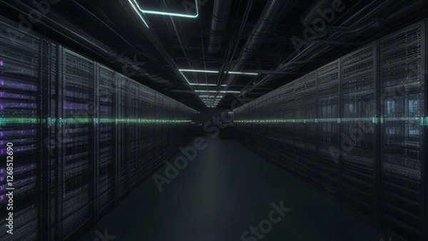 Fototapeta a very long hallway with some lights on all four sides of it and a few rows of rackets