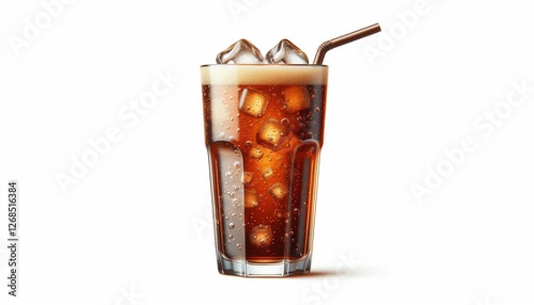 Fototapeta Cold brown drink with fizzy bubbles in a tall, clear glass with water drops and ice cubes. Side view.