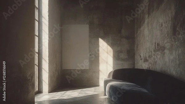 Fototapeta Moody sunlight illuminates a dark grey velvet curved sofa in a rustic room. AI Generated