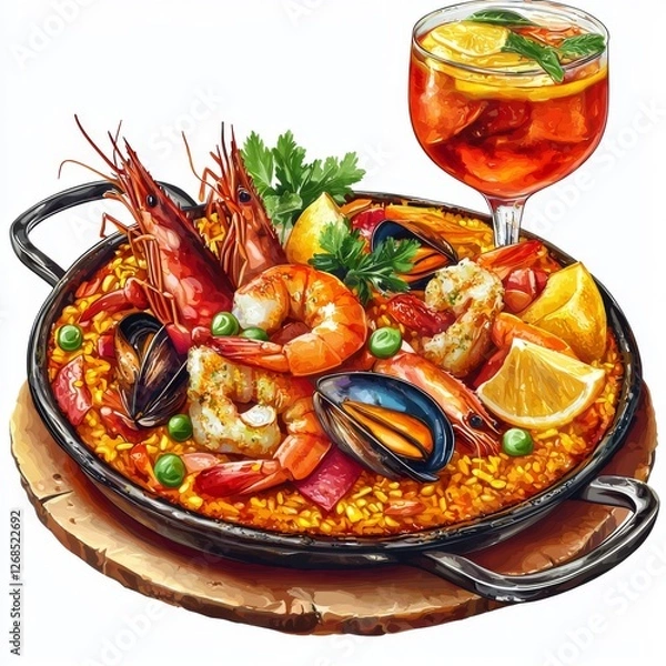 Fototapeta Vibrant seafood paella with fresh shrimp, mussels, and colorful vegetables served with a refreshing cocktail on a wooden platter