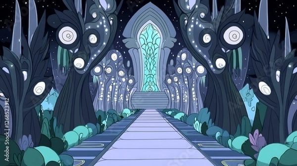 Fototapeta Ethereal Night Forest Path Leading to Glowing Portal. AI Generated