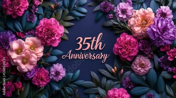 Obraz Sophisticated 35th Anniversary written on a chic banner with modern typography and a minimalist floral design, set against a rich purple backdrop.