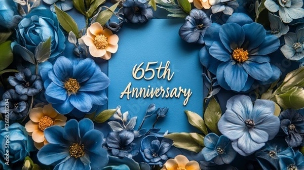 Obraz Elegant 65th Anniversary written on a soft watercolor wash of blues and greens, with flowing handwritten script and simple floral designs framing the card.
