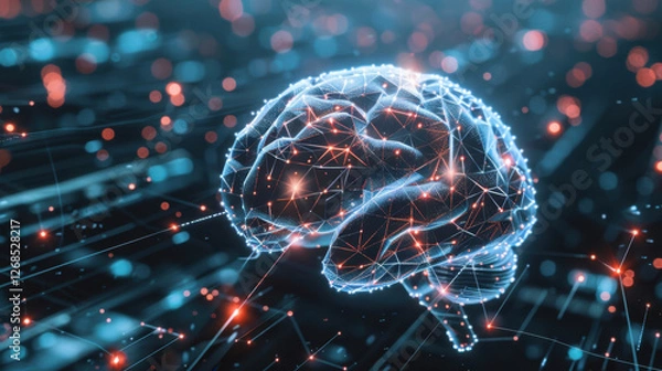 Obraz digital representation of brain with glowing connections, symbolizing artificial intelligence and neural networks. background features abstract data patterns