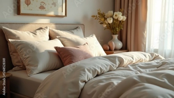 Obraz Warm sunlight illuminates a neatly made bed with soft, neutral-toned bedding and pillows