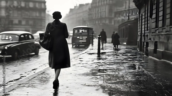 Fototapeta Rainy Day Stroll in Paris: A Black and White Photographic Masterpiece