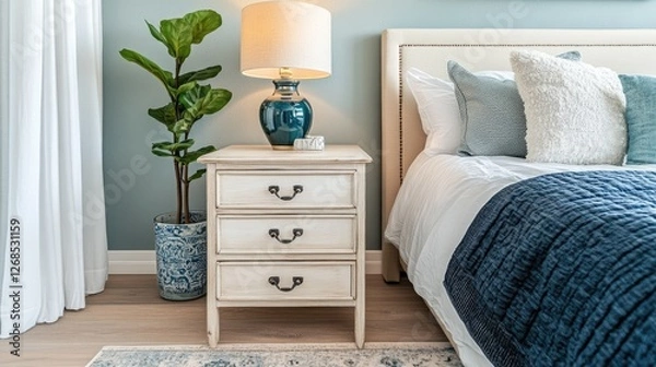 Fototapeta A pair of matching small tables placed symmetrically beside a bed with a soft lamp on top