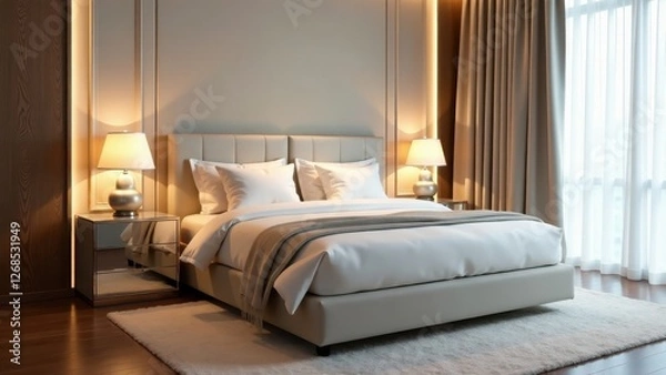 Fototapeta Serene Bedroom Interior Design Featuring a Plush Upholstered Bed, Soft Lighting, and Neutral Color Palette