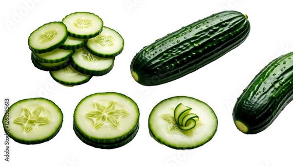 Obraz A set of fresh cucumber slices isolated on a clean background, vibrant green vegetable pieces perfect for healthy food concepts