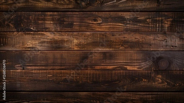 Obraz Dark brown wooden background with grain texture, top view of a dark wooden table surface for design and decoration. Perfect for rustic, vintage, and natural-themed projects.