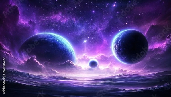 Fototapeta Beautiful purple and blue universe with planets, starry sky, light rays shining on the ground