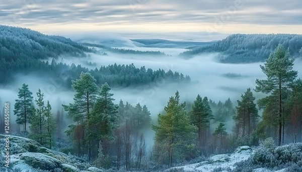 Obraz Beautiful aerial view of a misty pine forest in winter with foggy hills, a stunning landscape, forest trees in the background