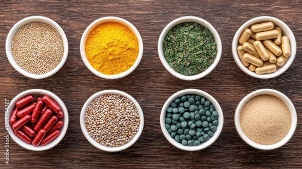 Fototapeta Exploring colorful spices and supplements kitchen counter food photography rustic setting top view culinary art