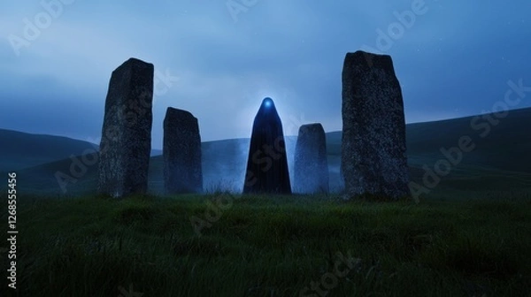 Obraz A cloaked figure stands within a stone circle as dusk falls. The atmosphere is eerie, with fog enveloping the stones, creating a mystical aura