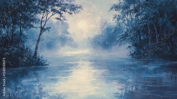 Fototapeta A calm river flows through a serene landscape at dawn, shrouded in mist. Trees line the banks, and the water reflects soft blue tones, creating a peaceful atmosphere