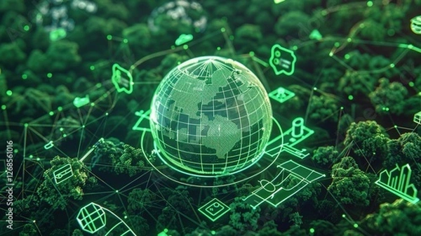 Obraz Green technology concept with Earth globe and eco-friendly icons of energy, food production, and transport in a green forest background, representing environmental protection and sustainability.