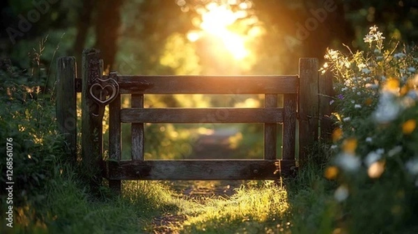 Fototapeta Golden sunlight streams through rustic wooden gate leading to tranquil path. AI Generated
