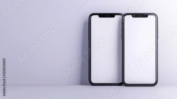 Fototapeta Two smartphones side by side on a white surface with mockups displayed at an angle