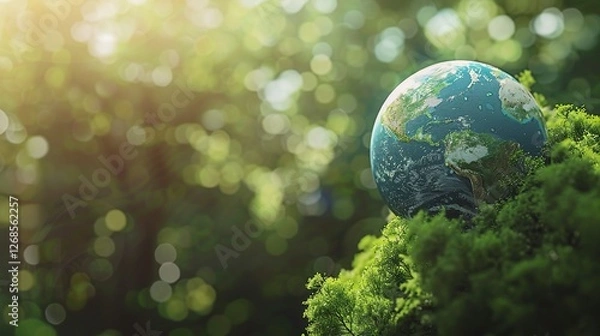 Obraz Green technology concept with Earth globe and eco-friendly icons of energy, food production, and transport in a green forest background, representing environmental protection and sustainability.