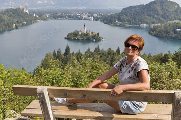 Obraz White woman and lake Bled view from above in Slovenia