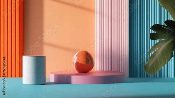 Fototapeta Abstract geometric composition with 3D shapes and plant, showcasing a modern design aesthetic