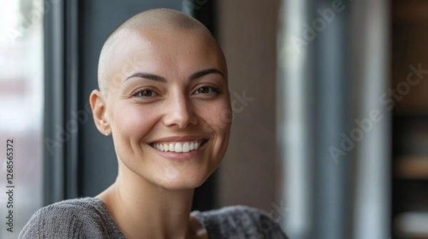 Obraz Happy woman with alopecia due to cancer, confidently looking at the camera, radiating positivity, strength, and self-confidence, embracing her unique beauty and empowering others through her journey