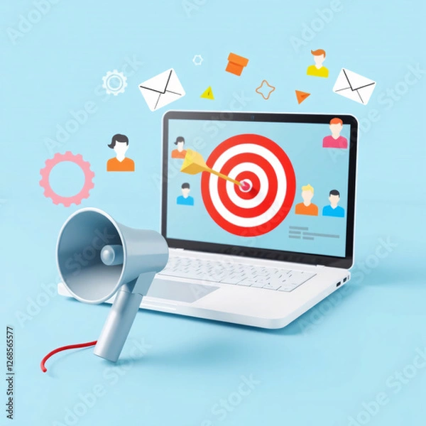 Fototapeta Laptop Displaying Target with Bullseye with Megaphone on Pastel Blue Background