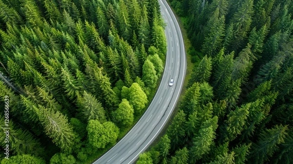Obraz Aerial view of a car driving on a highway road through a lush green forest, showcasing a natural landscape with trees and clouds under cinematic lighting. High-resolution and hyper-realistic details.