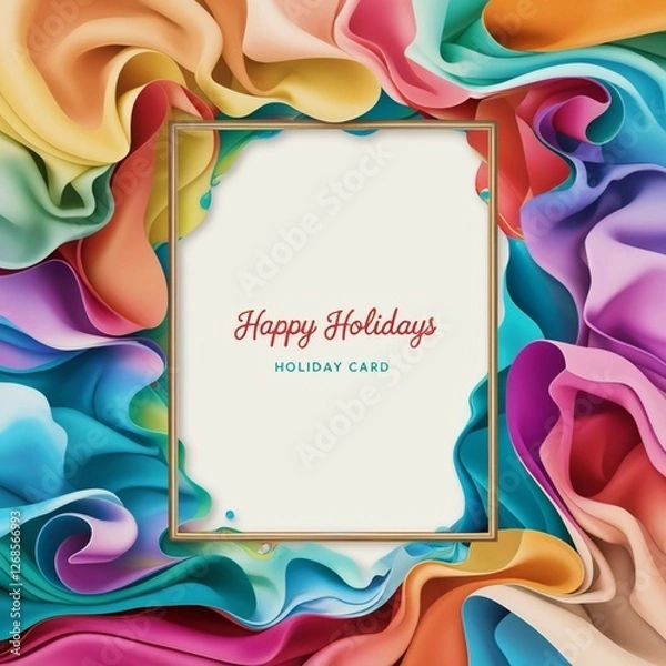 Obraz Vibrant, whimsical background frame for a holiday card, featuring a kaleidoscope of bright, fluid colours in soft, gradient hues, reminiscent of watercolours or marbled paper. The edges of the frame a