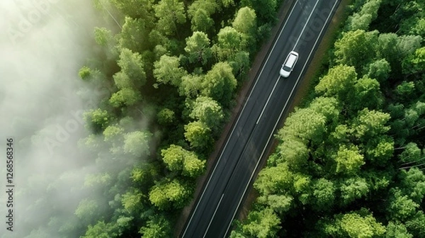 Obraz Aerial view of a car driving on a highway road through a lush green forest, showcasing a natural landscape with trees and clouds under cinematic lighting. High-resolution and hyper-realistic details.