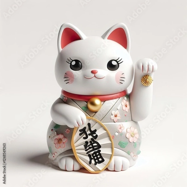Fototapeta In a kimono, a charming white Manekineko cat figurine holds up its paw. It features red accents and a decorative hand fan. A symbol of luck and prosperity.