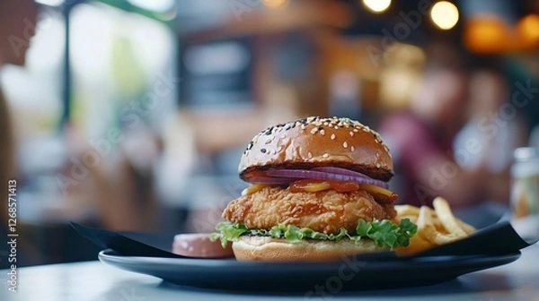 Fototapeta Close-up of a fried chicken burger on a plate with black paper, food photography, white table and background, blurred coffee shop in the background, food advertising, side view, studio lighting, high-