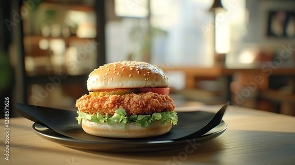 Fototapeta Close-up of a fried chicken burger on a plate with black paper, food photography, white table and background, blurred coffee shop in the background, food advertising, side view, studio lighting, high-