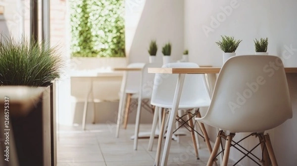 Fototapeta Minimalist cafe with work-friendly seating, clean white and brown aesthetics, and natural greenery. Tranquil and modern. No people. -