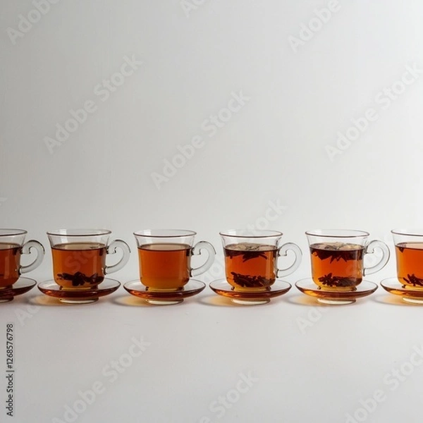 Obraz "A row of four traditional Turkish tea glasses filled with deep amber-colored tea, isolated on a white background. Each glass has a unique elegant design, some with curved shapes and some with handles