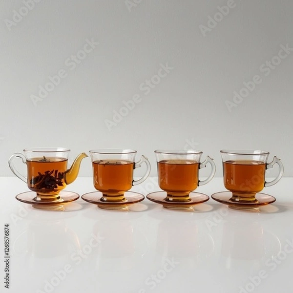 Obraz "A row of four traditional Turkish tea glasses filled with deep amber-colored tea, isolated on a white background. Each glass has a unique elegant design, some with curved shapes and some with handles
