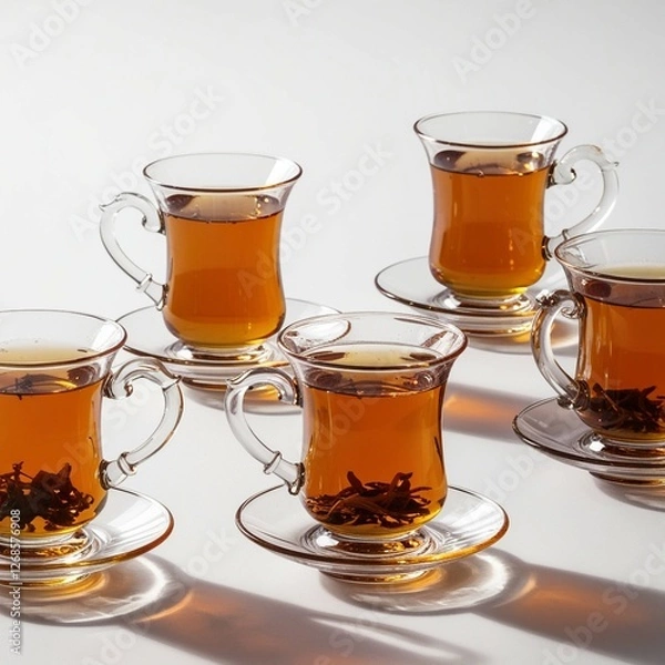 Obraz "A row of four traditional Turkish tea glasses filled with deep amber-colored tea, isolated on a white background. Each glass has a unique elegant design, some with curved shapes and some with handles