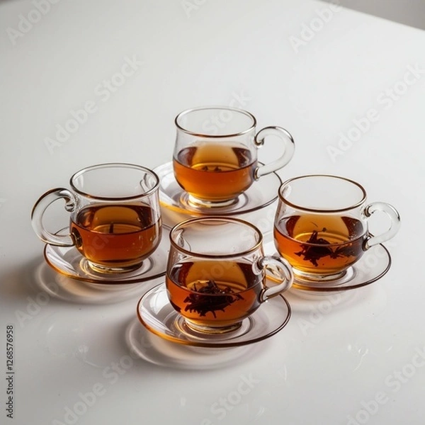 Fototapeta "A row of four traditional Turkish tea glasses filled with deep amber-colored tea, isolated on a white background. Each glass has a unique elegant design, some with curved shapes and some with handles
